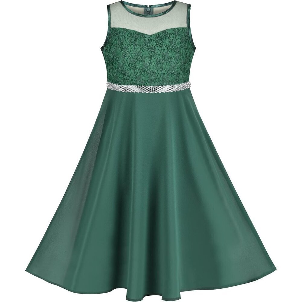 🆕Girls Green Rhinestone Chiffon Bridesmaid Dance Ball Maxi Gown Dress